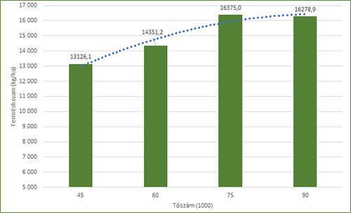 2.ábra: SY Fabio terméseredménye (kg/ha) a különböző tőszámszinteken